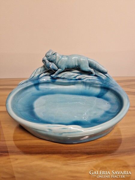 Zsolnay porcelain blue bowl hunting theme