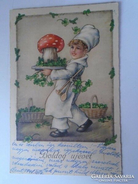 D199468 old postcard chef serving seedling mushrooms - New Year's card 1940's