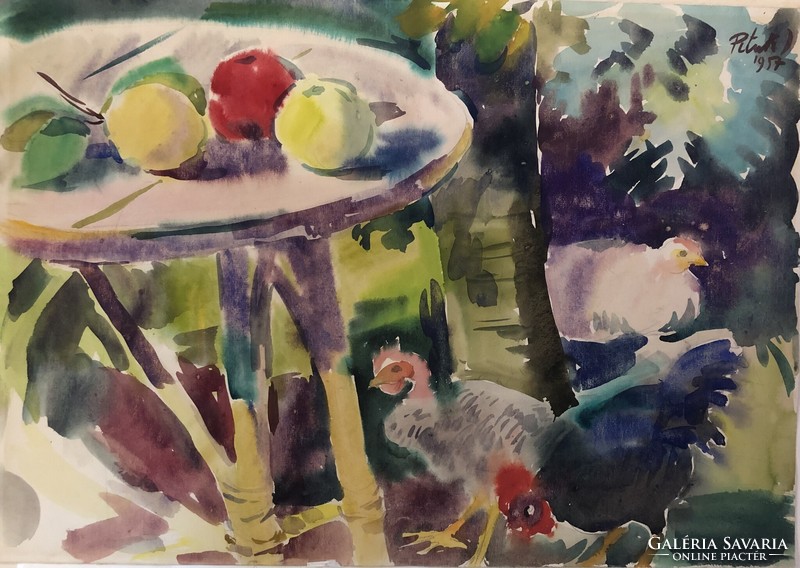 József Pituk on Victoria, still life with a black rooster, watercolour, 43 x 61 cm, unframed