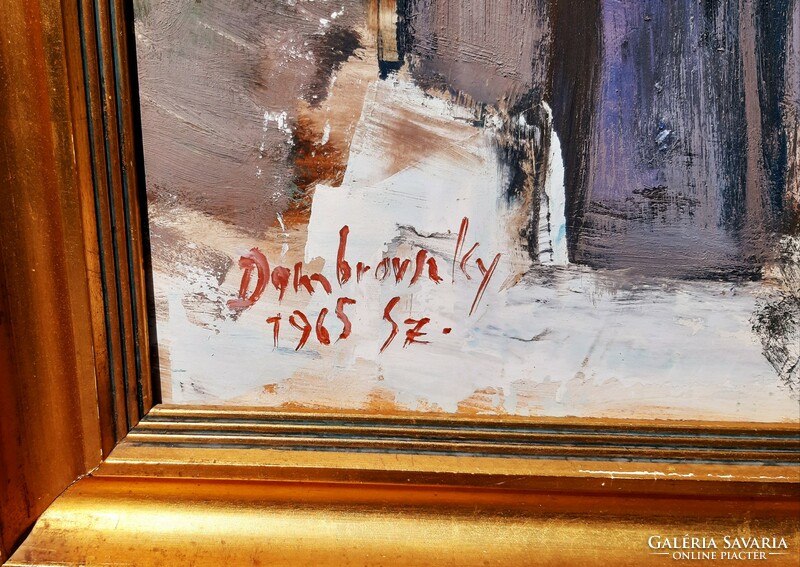 Szaniszló Dombrovszky (1928-2004) snowy village, gallery painting