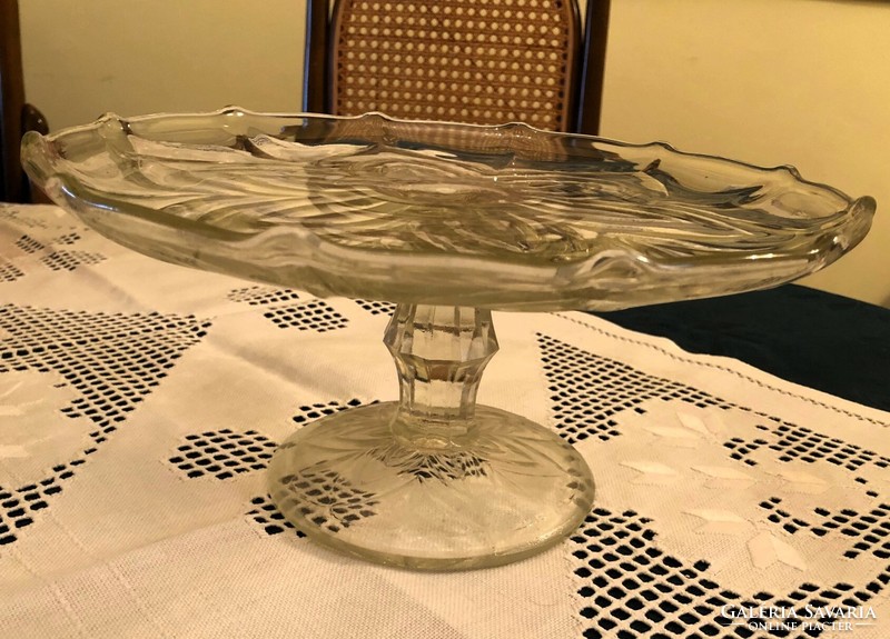 Old glass plate with base, flat serving plate, cake plate, 27.5 cm