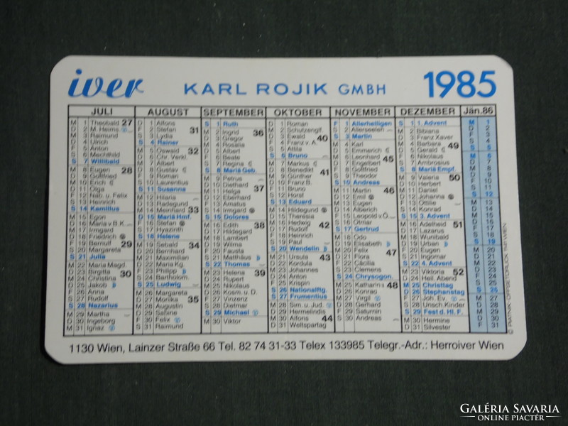 Card calendar, Austria, iver, karl rojik gmbh, Vienna, 1985, (3)