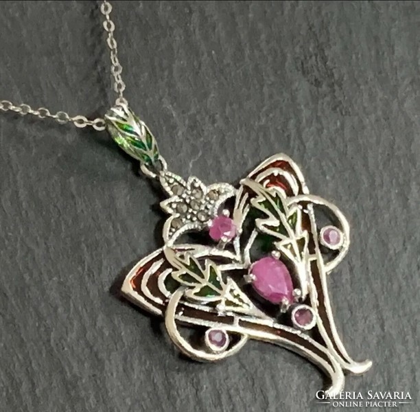 Special art nouveau silver pendant with ruby gems, fire enamel and marcasite /925/ --new