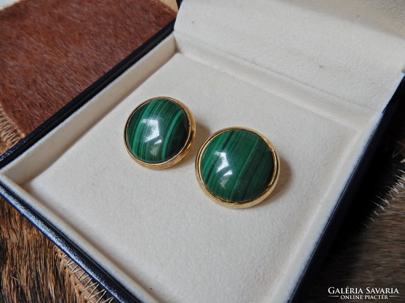 Old gold-plated silver earring clip with malachite stones
