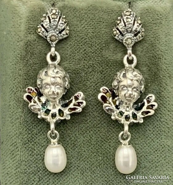 Special angelic silver earrings with fire enamel and marcasite /925/ --new