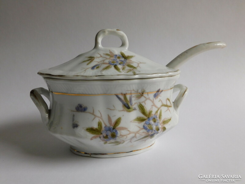 Turn of the century antique covered serving bowl with porcelain spoon