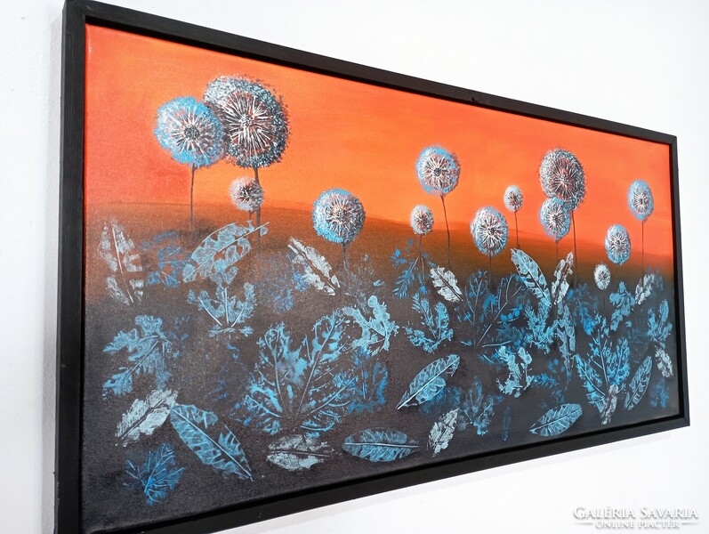 Dandelions in the sunset - original large acrylic painting on canvas, framed - 60x120 cm