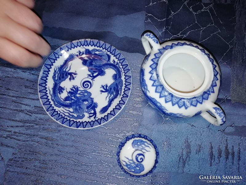 Japanese, blue dragon, eggshell porcelain sugar bowl and plate
