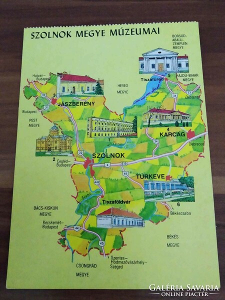 Szolnok megye múzeumai, térképes képeslap,postatiszta, 1983-as
