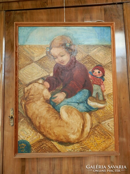 Pfilf Éva. Kislány kutyával című festménye eladó.