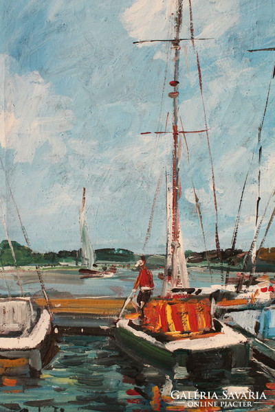 József Bánfi: harbor with red yellow-striped sailboats (balaton)