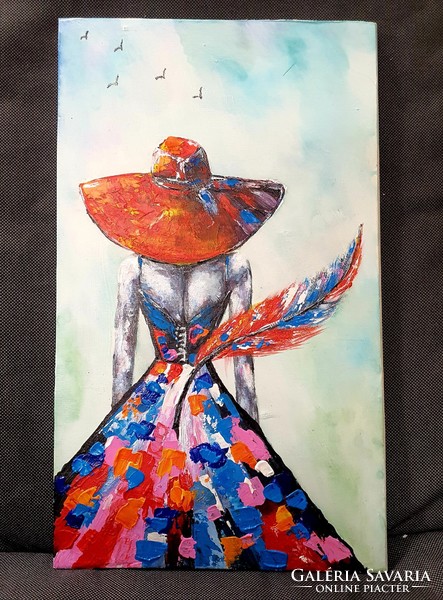 Angels with red hats walk among us and want to fly - acrylic painting