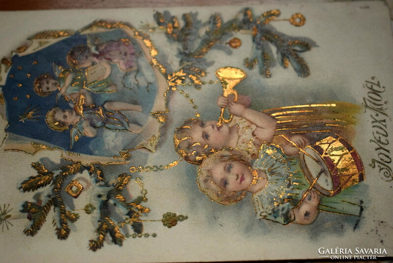 Antique embossed Christmas greeting card - musical children and angels Christmas tree branch from 1906