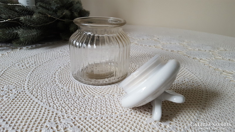 Thick glass container with butterfly, porcelain lid