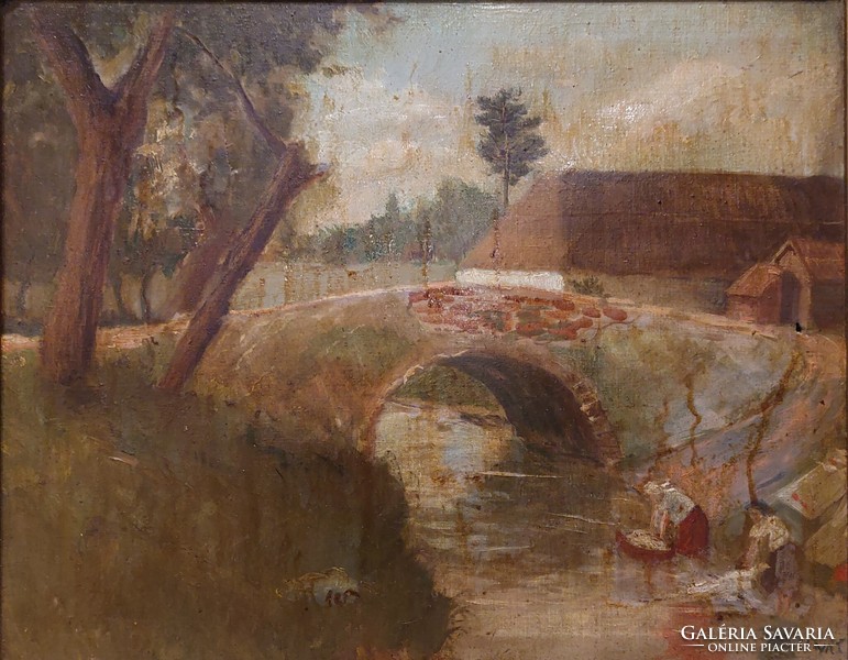 Women washing clothes in a stream labeled oil on canvas painting