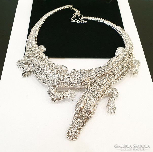 Silver colored crystal alligator necklace