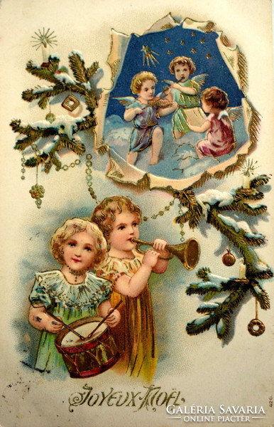 Antik dombornyomott Karácsonyi üdvözlő képeslap - zenélő gyerekek és angyalkák karácsonyfaág 1906ból