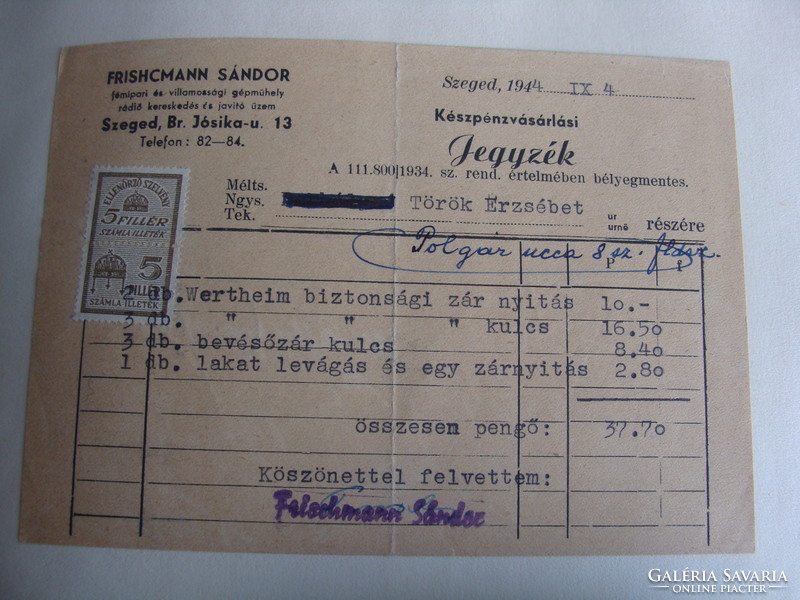 Invoice 305 Szeged 1915-1945