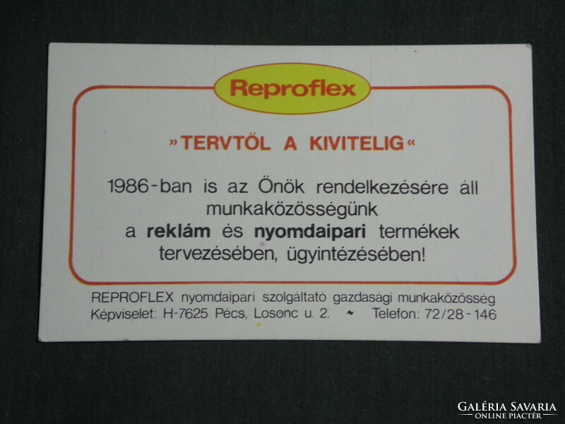 Kártyanaptár, Reproflex reklám nyomda szolgáltató, Pécs,1986,   (3)