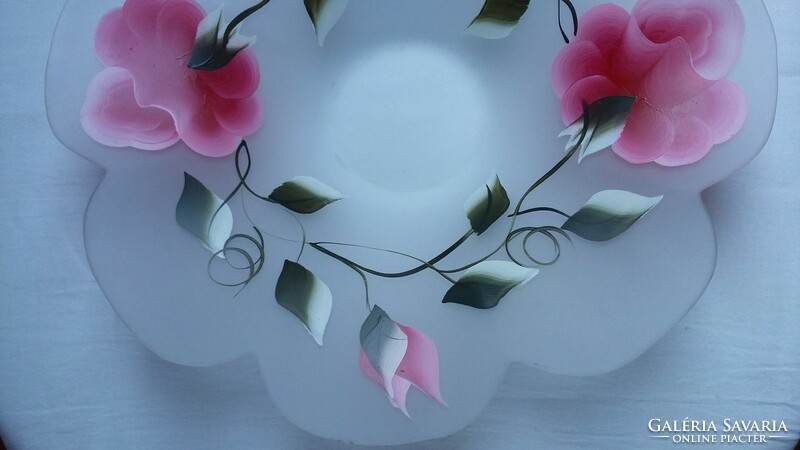 Nagy virág alakú rózsa mintás opálos festett üveg tál