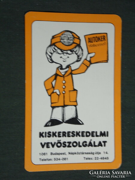 Kártyanaptár, Autóker kereskedelem,vevőszolgálat,Budapest,grafikai rajzos,reklám figura,1986,   (3)