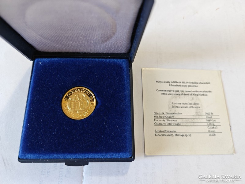 Gold commemorative medal issued on the occasion of the 500th anniversary of the death of King Matthias.