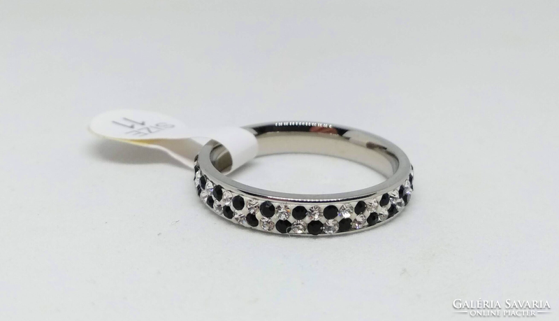 Silver colored stainless steel, black and clear cz crystal inlaid ring 261