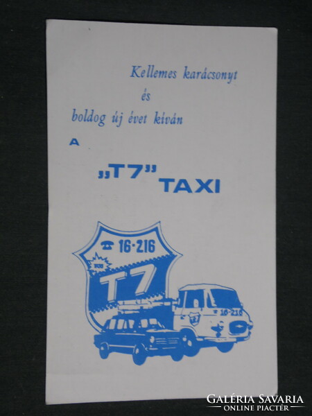 Kártyanaptár, Pécs T7 TAXI,grafikai rajzos, Lada, Zsiguli autó, Barkas teherautó, 1986,   (3)