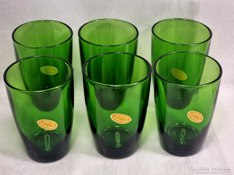 Set of 6 green glass glasses, marked with an emerald glass sticker. Mid-second half of Xx.