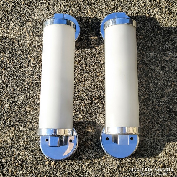 Bauhaus - pair of art deco wall tube lamps renovated - frosted milk glass cylinder shade