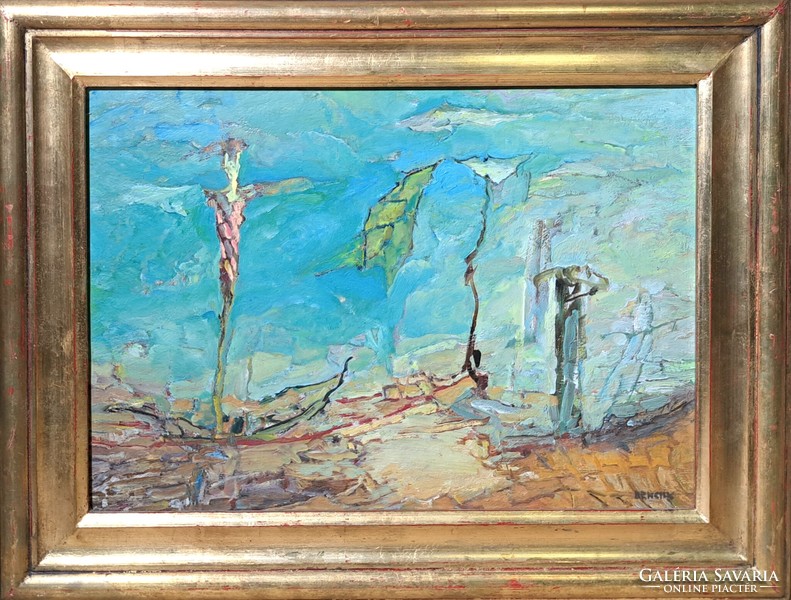 János Bencsik (1945-): boatman (oil painting with frame) Transylvanian artist, contemporary