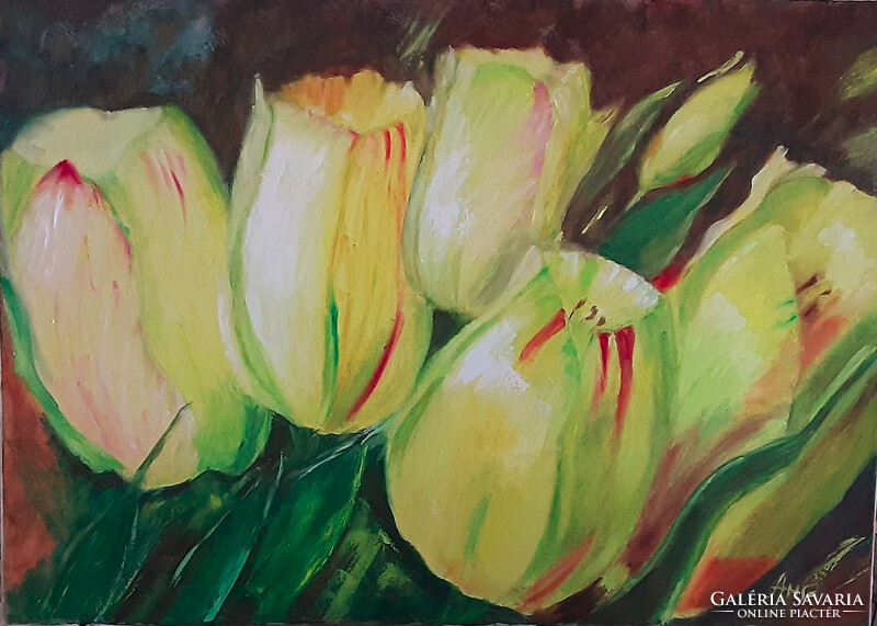 Antiipina galina: yellow tulips. Oil painting, canvas. 70X50cm