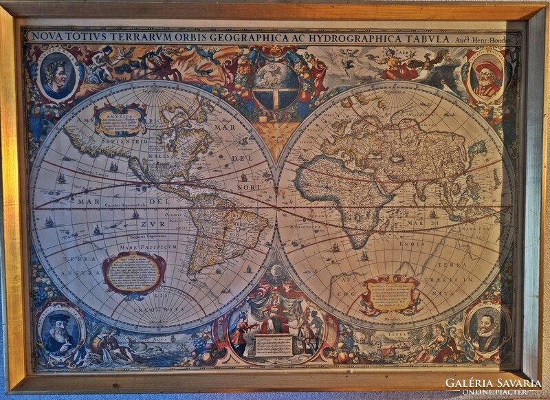 Középkori rézmetszetről vászonnyomat.Az egész világ új földrajzi és vízrajzi térképe.Szilvásy Nándor