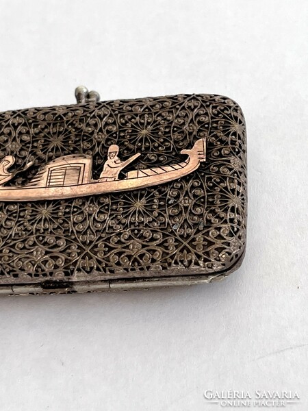 Small metal wallet with silk lining, decorated with an antique, old ship motif