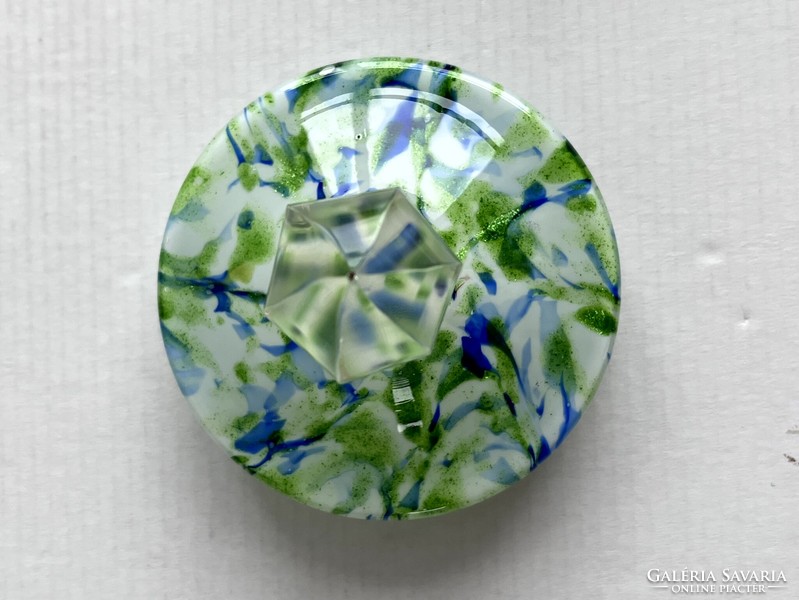 Antique, old greenish blue colored, multi-layered, Czech blown glass bonbonier, sugar holder