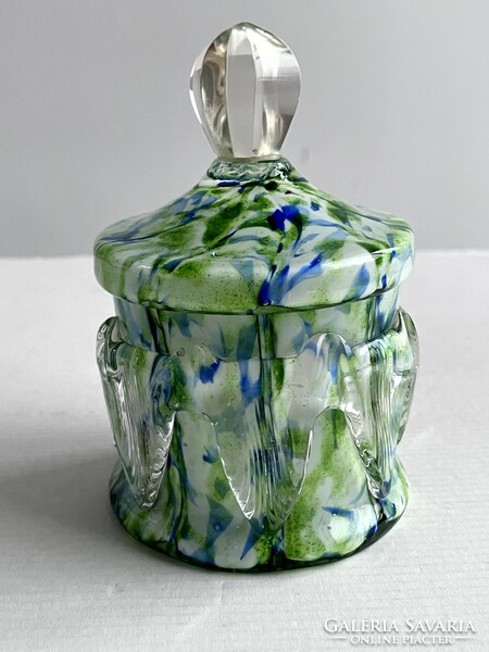 Antique, old greenish blue colored, multi-layered, Czech blown glass bonbonier, sugar holder