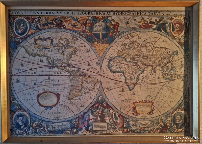 Canvas print from a medieval copperplate. A new geographic and hydrographic map of the entire world. Nándor Szilvásy