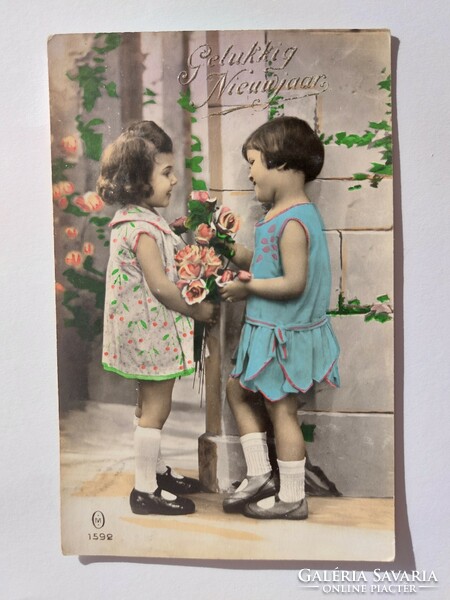 Old postcard photo postcard with little girls