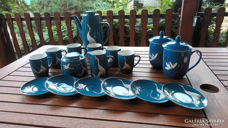 Azure hand-painted Chinese coffee set with two teacups with lids