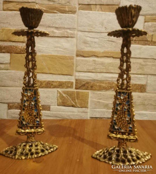 Pair of bronze (oppenheim) Israeli candle holders with a special inscription and lace pattern