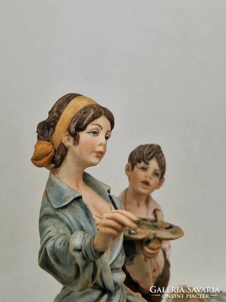 Capodimonte olasz porcelán Bruno Merli festő hölgy és kisfiú 20.5cm