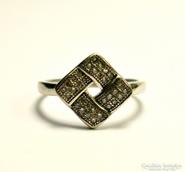 Square geometric silver ring decorated with small stones
