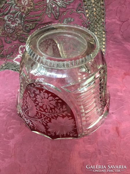 Fantasztikus  üveg kézzel metszett Karl Palda tipusú gyümölcstál bordó csiszolt betétekkel