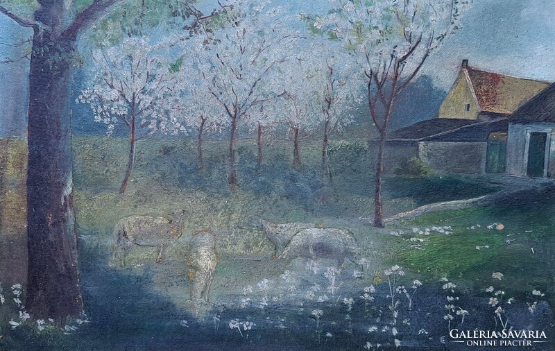 Grazing lambs (old oil painting in frame)
