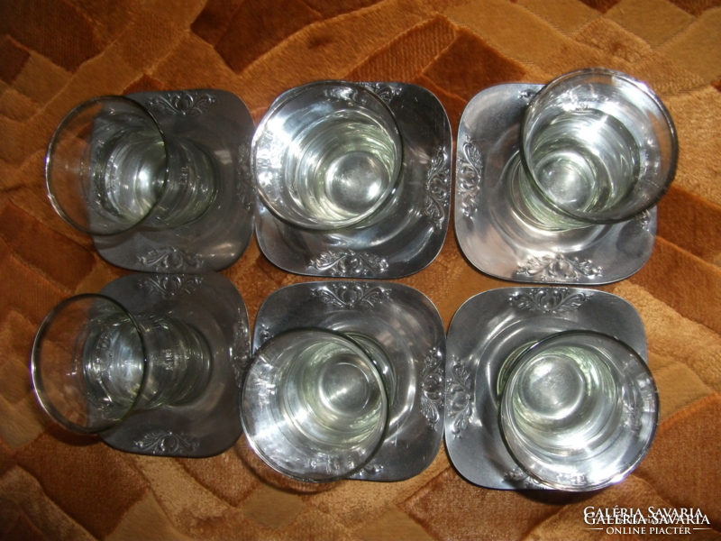 Old Turkish silver colored striped glass set, with metal plates, 6 glasses, 6 plates, :marked :fulda ros