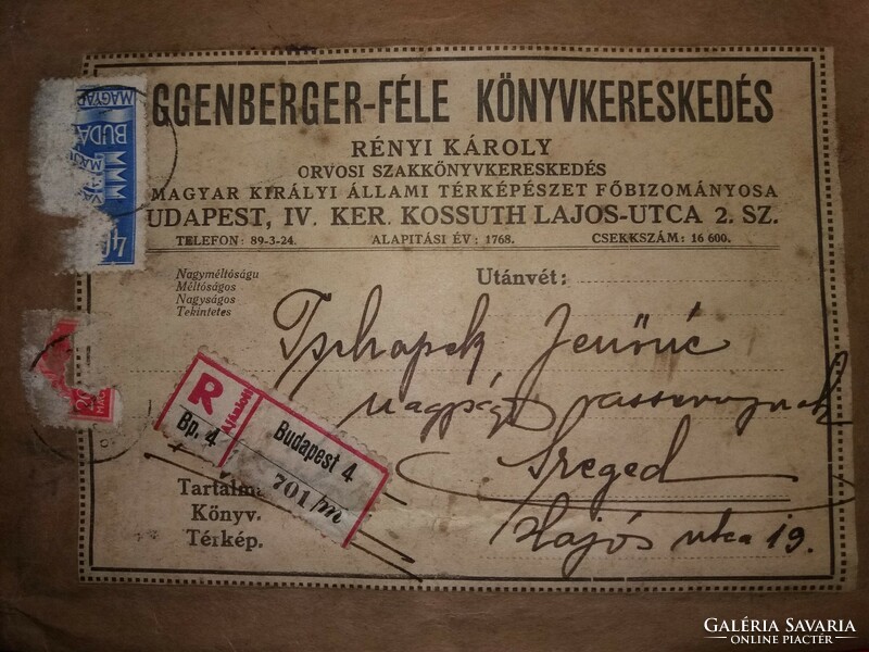 1937. EGGENBERGER-FÉLE KÖNYVKERESKEDÉS kiadó küldemény / termékcsomag borítója