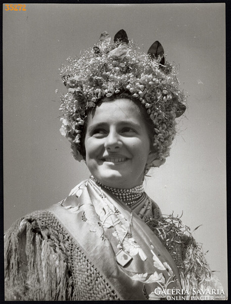 Larger size, photo art work by István Szendrő. Girl, in national costume, headdress, citizen of Tisza