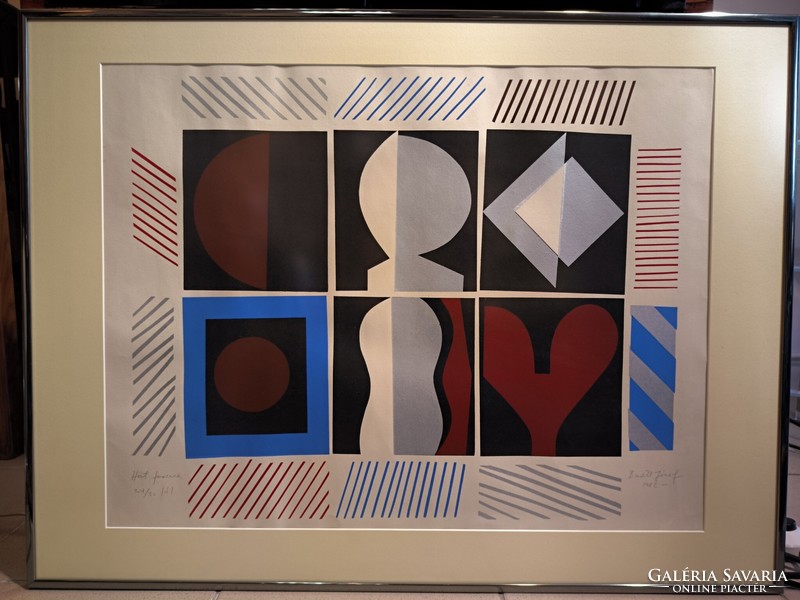 József Bartl's 1982 81x61 cm modern work entitled 6 forms in an exclusive polished metal frame