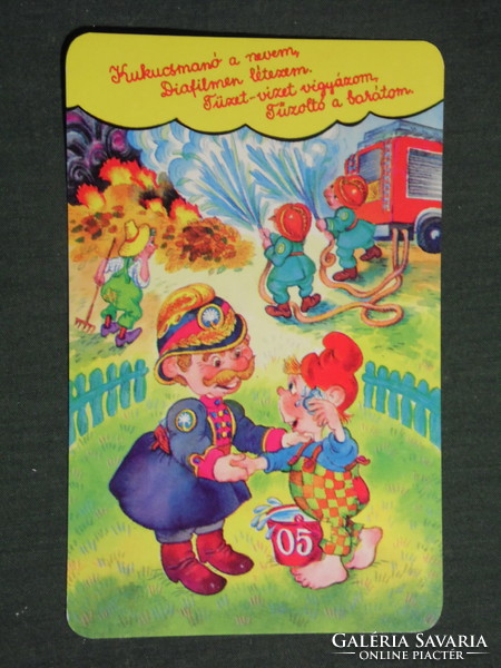Card calendar, Hungarian fire brigade, graphic artist, advertising figure, fire elf, 1992, (3)