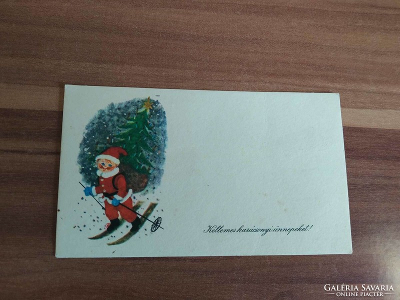 Régi karácsonyi mini képeslap, síelő télapó, Mikulás